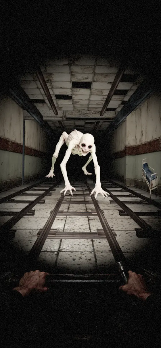A pale crawling creature caught in a flashlight beam.