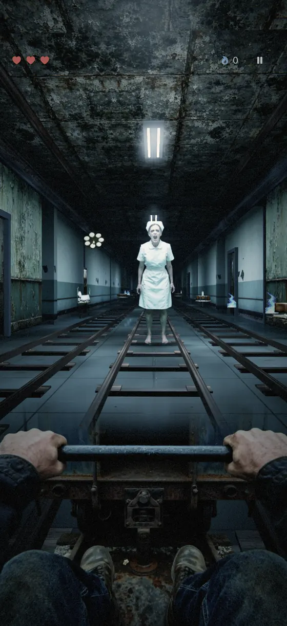 A nurse stands on the rail in a rusted corridor.